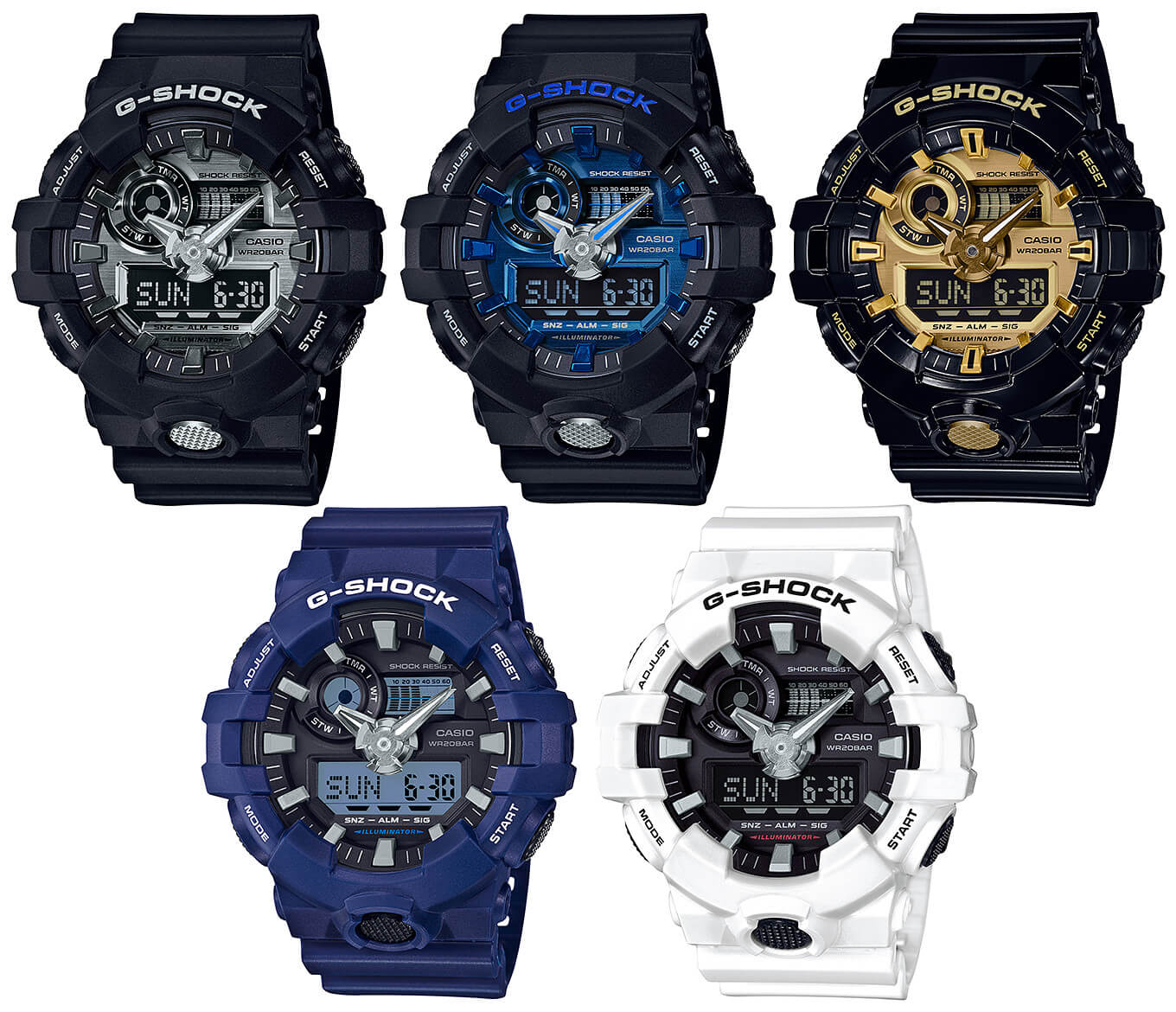 G-Shock GA-710 Garish Color Metallic Face, Blue GA-700-7A & White GA-700-7A